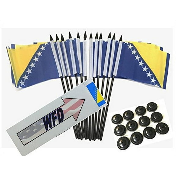 Box of 12 Bosnia and Herzegovina 4"x6" Polyester Miniature Desk & Little Table Flags, 4x6 Bosnian Small Mini Hand Waving Stick Flags with 12 Flag Bases (Stands)