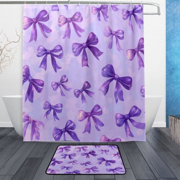 TTYFWHD 60" x 72" Shower Curtain and Bath Mat Set Vibrant Purple Bows Pattern Waterproof Bathroom Curtain with 12 Hooks, Bathroom Decor Set
