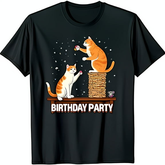 Playful Black T-Shirt with Adorable Cats Birthday Party Graphic Design