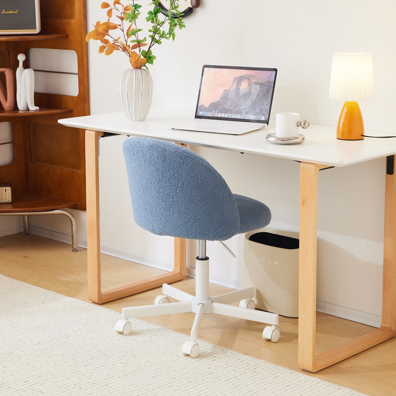 Ktaxon Armless Home Office Desk Chair Cute Mid Back Vanity Stool Teddy Velvet Swivel Task Chairs with Wheels Blue