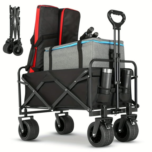 Big Wheels Collapsible Wagon Cart Foldable, Heavy Duty 350 LBS Beach Wagon With Silent All-Terrain Wheels, Folding Utility Grocery Cart With Side Pocket And Brakes For Camping Garden Sports, Black