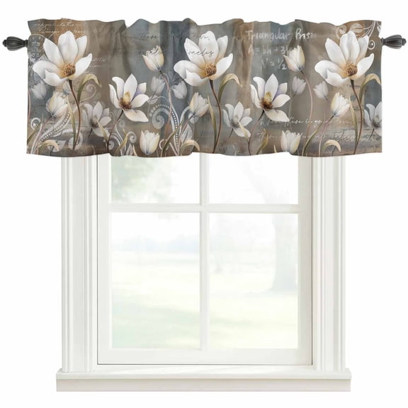 Brown Grey Floral Rod Pocket Curtain Valance, Spring Summer Botanical Vintage Farmhouse Window Valance for Living Room, Bedroom, Kitchen 60"W x 18"L