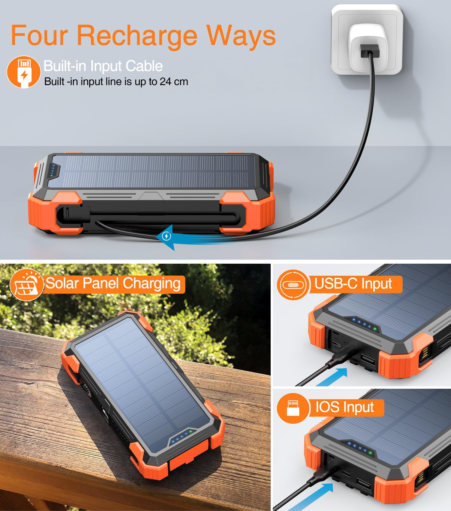 42800mAh Solar Power Bank with Built-in Cables, Solar Charging, Flashlight, and 15W Fast Charging