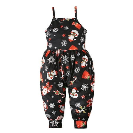 

Frobukio Kids Little Girls Christmas Jumpsuit Spaghetti Straps Reindeer Tree Snowman Print Romper Party Bodysuit Black Snowman 5-6 Years