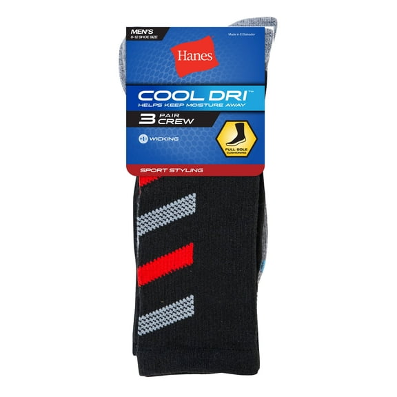 Hanes Cool DRI Men's Crew Socks with Ventilation, 3-Pairs Black 6-12