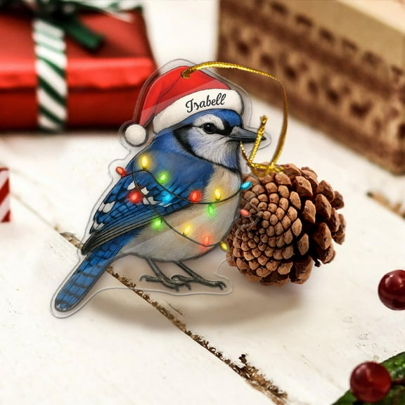 Personalized Blue Jay Acrylic Christmas Ornament Custom Bird Name, Santa Hat & Lights, Holiday Tree Decor, Bird Lover Home Keepsake