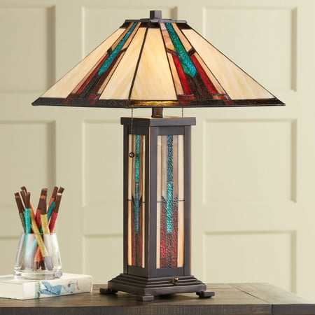 - Robert Louis Tiffany Mission Table Lamp with Nightlight Bronze Stained Glass for Living Room Family Bedroom Bedside Nightstand
