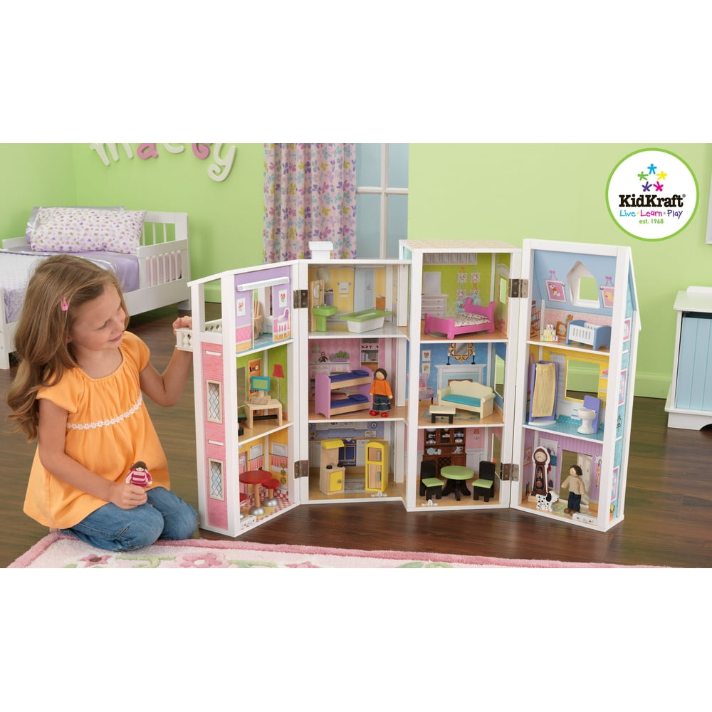 KidKraft Deluxe Townhouse Girls Pretend Play Dollhouse w/ Dolls 65196