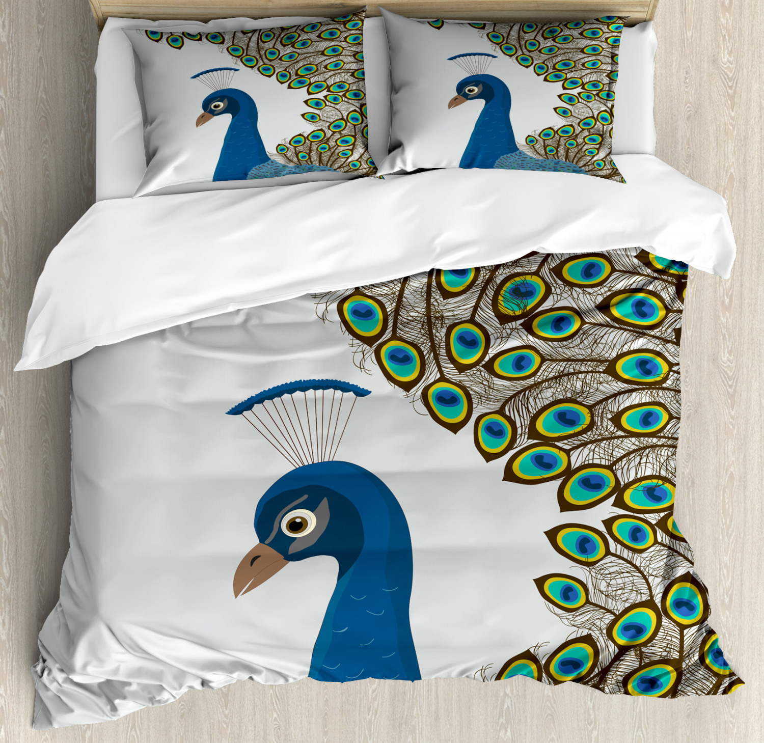 Peacock King Size Duvet Cover Set, Illustration of Peacock Bird Forming a Frame with Its