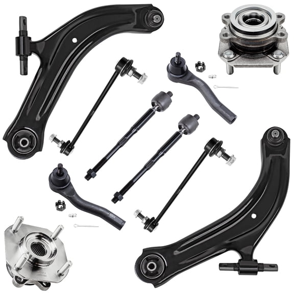 Detroit Axle - 10pc Front Lower Control Arms Sway Bar Links Inner & Outer Tie Rods and Wheel Hub Bearing Assembly for 2007-2012 Nissan Sentra 2.0L