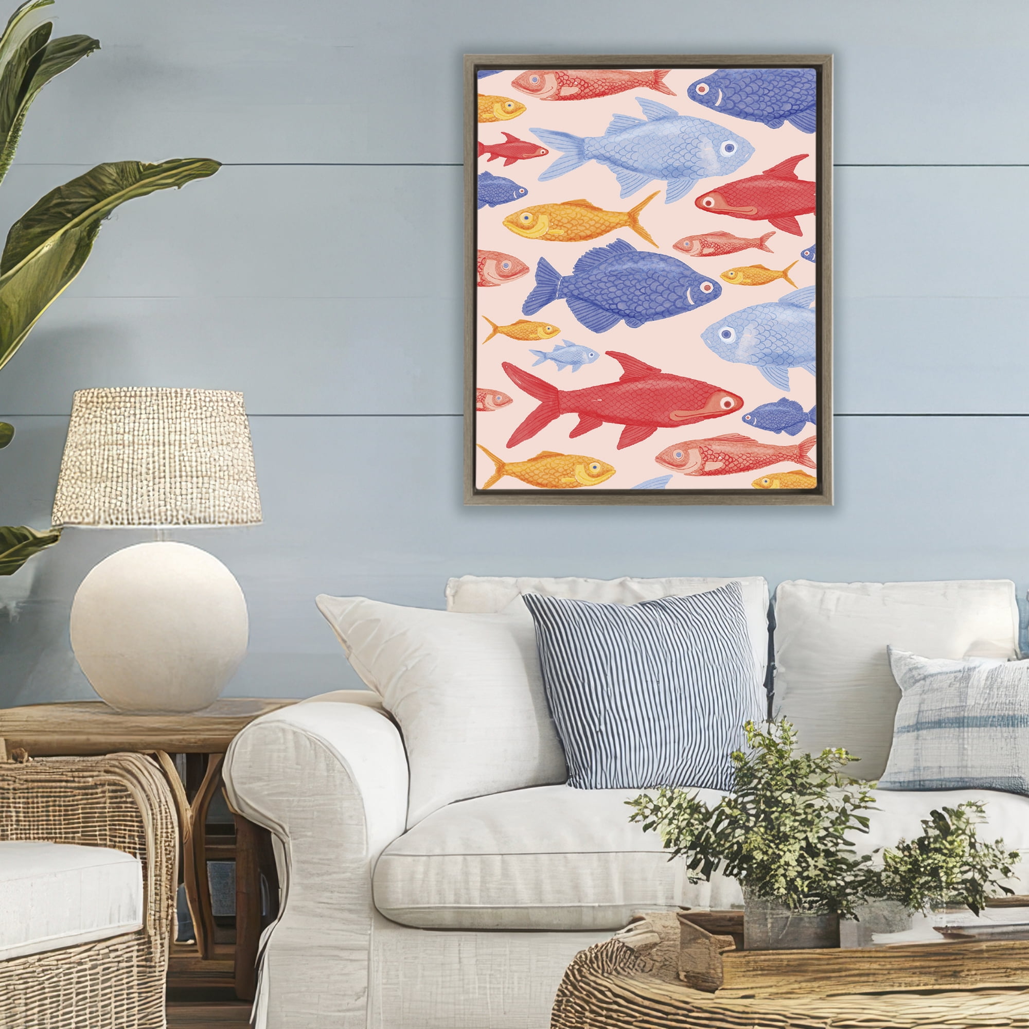 Stupell Industries Red Yellow and Blue Fish Brown Framed Floater Canvas Wall Art, design by The Paper Curator