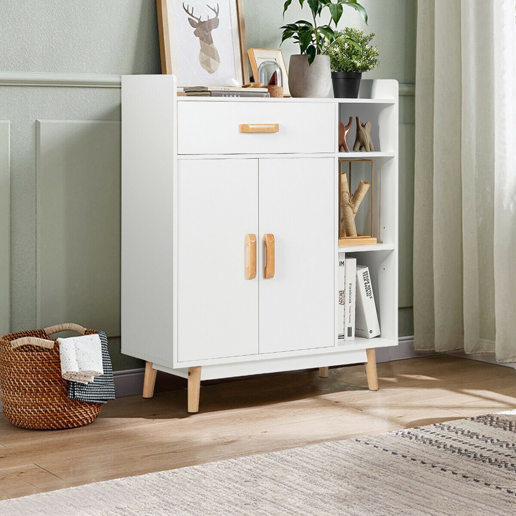 Gymax Floor Storage Cabinet Free Standing Cupboard Chest w/1 Drawer 2 Doors 3 Shelves