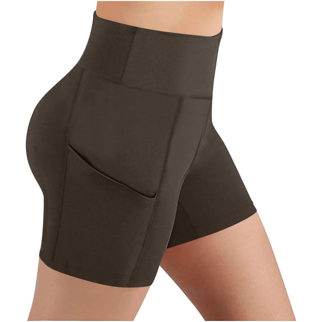 Yanlir Women's High Waist Running Shorts with Pocket Stretch Yoga Fitness Underpants Breathable Quick Drying Activewear(Brown,XL)