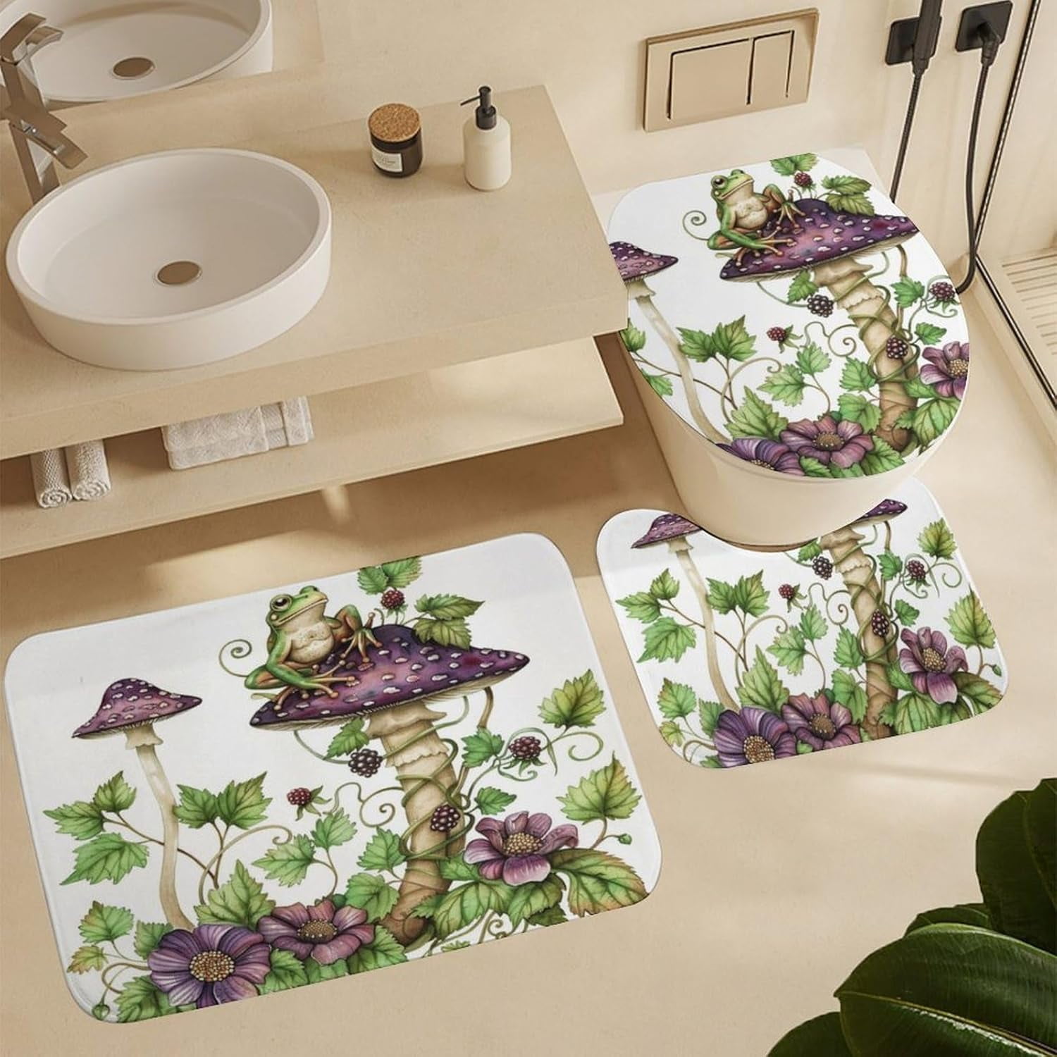 4Pcs Garden Mushroom Frog Shower Curtain Sets Bathroom Decor, Novelty Plant Floral Shower Curtain with Non Slip Rug, Toilet Lid Cover, Bath Mat and 12 Hooks 72W x 72L