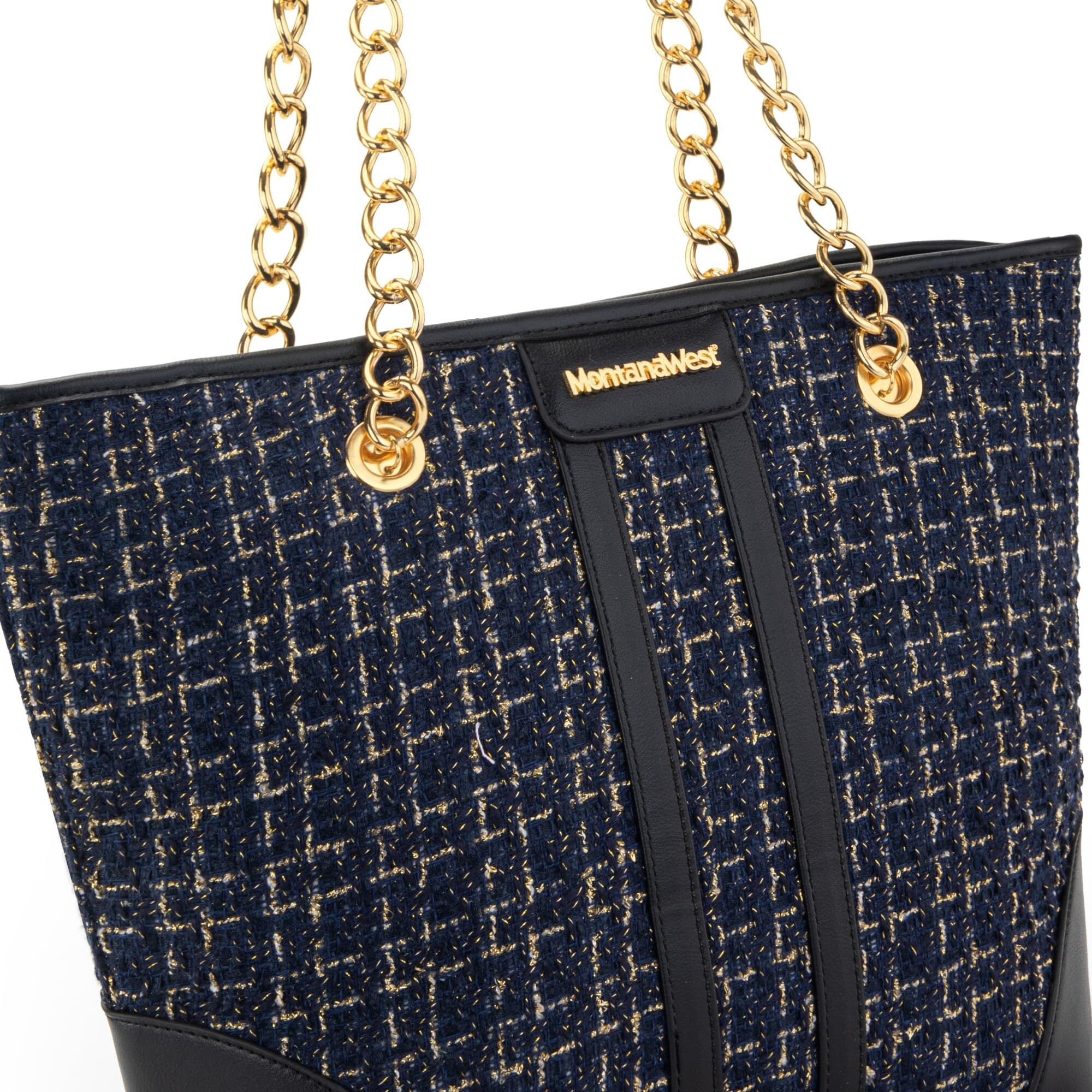 Montana West MEDIUM Tote Bag for Women Quilted Chain Handbags Shoulder Purse, Dark Black