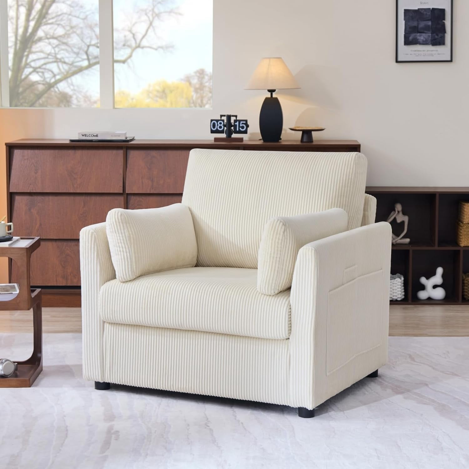 37.75" Corduroy Accent Chair, Modern Upholstered Armchair with Side Storage Pockets & 2 Pillows, Comfy Oversized Single Sofa for Living Room, Beige