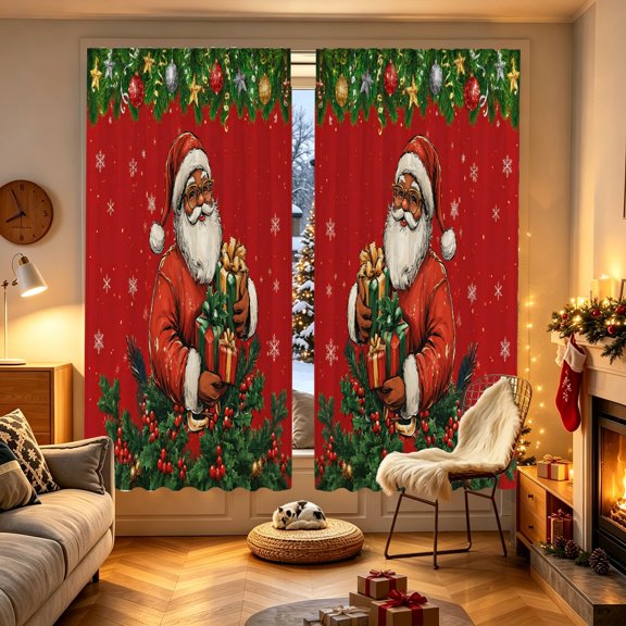 1/2pcs Crimson Red Santa Pine Gift Sack Garland Pattern Printed Window Curtain, 53.9x17.7/27.5x39.3/27.5x59 inch, Polyester, Light Block, Indoor Household Decor