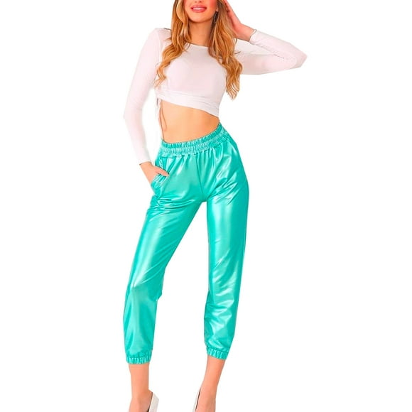 U-Wear Women’s Faux Leather Elastic Cuff Jogger Pants, Green, Medium