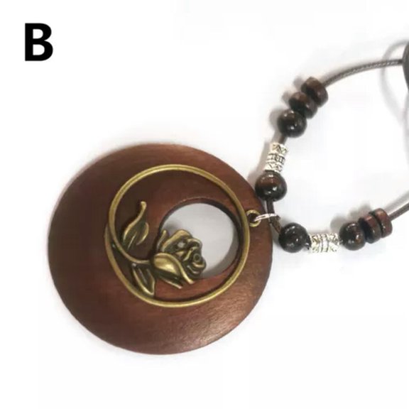 HOOUN Women Vintage Ethnic Long Pendant Sweater Necklace Wood Beads Jewelry Gift-B