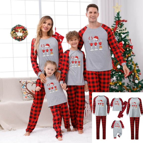 Odeerbi Christmas Pajamas for Family Holiday Long Sleeve Family Christmas Pajamas Matching Sets Dad Casual Printed Top with Bottom Outfits Home Wear Sleepwear Family Matching PJs Set Red