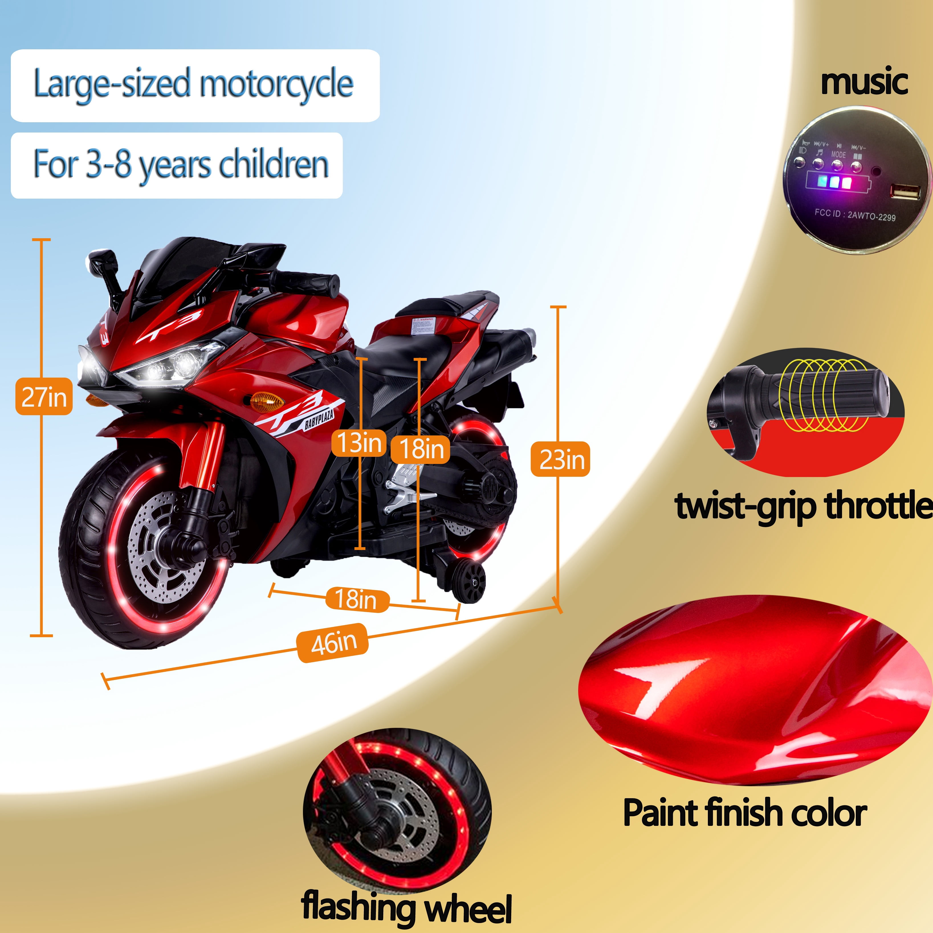 Kids Motorcycle For  3-8, 12V Battery Powered Bike Electric Motorbike, Ride on Toys Training Wheels/manual throttle/ drive by hand /Lighting wheels