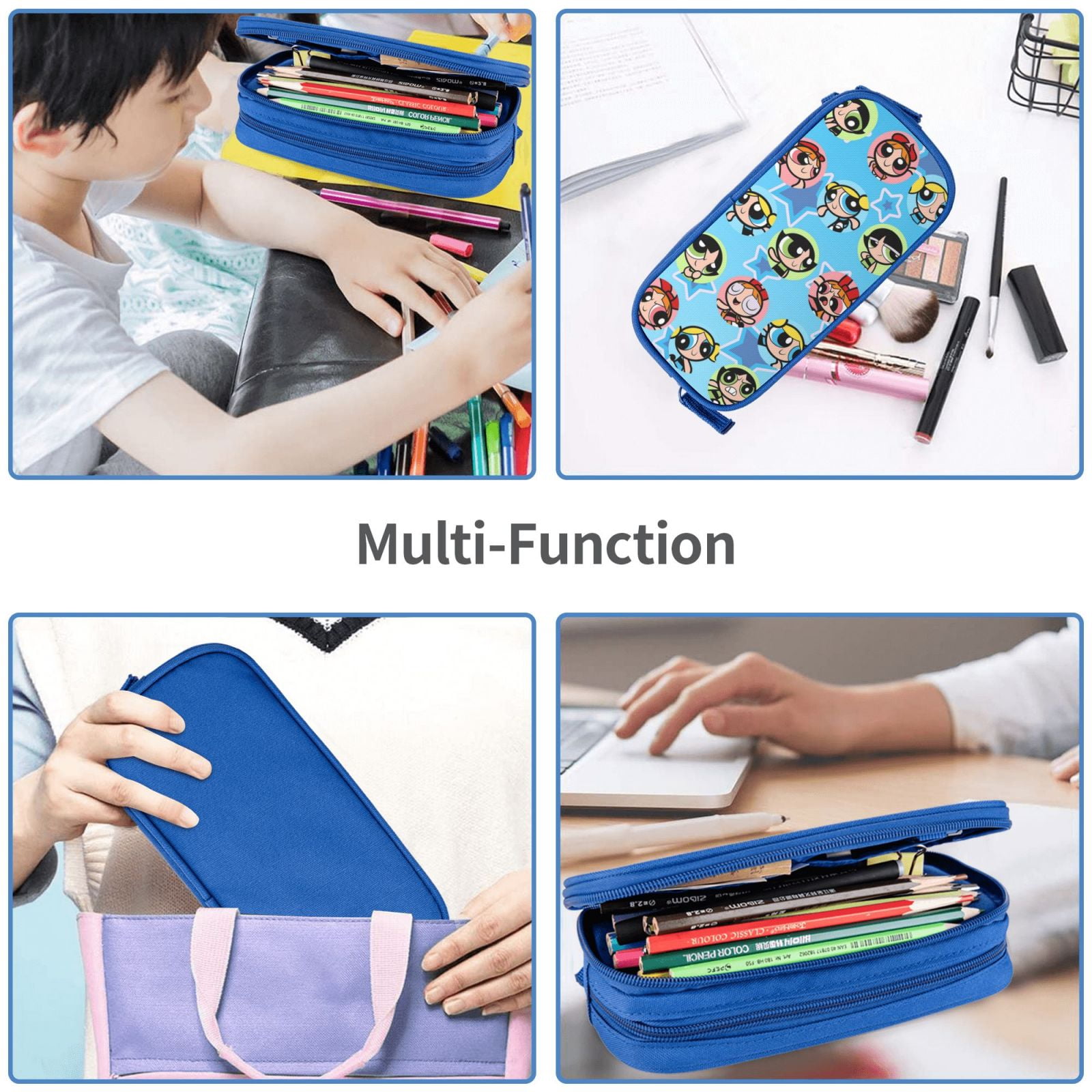The Powerpuff Gi-rls Pencil Case Large Capacity Pencil Pouch Penbag Office Stationery Organizer Travel Makeup Bag Blue