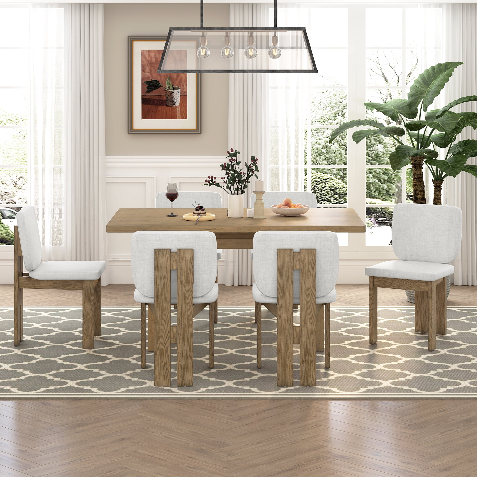 7-Piece Dining Table Set for 6, 60" Rectangular Dining Table with 6 Upholstered Chairs