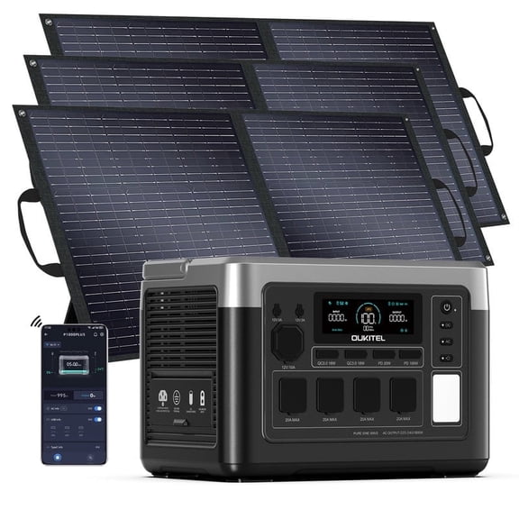 OUKITEL P1000 Plus Portable Power Station 1800W (3600W Peak) 1024Wh LiFePO4 Solar Generator with 3x100W Panel, 1200W Fast Charging, APP Control, 4 AC Outlets UPS for Home Camping RV