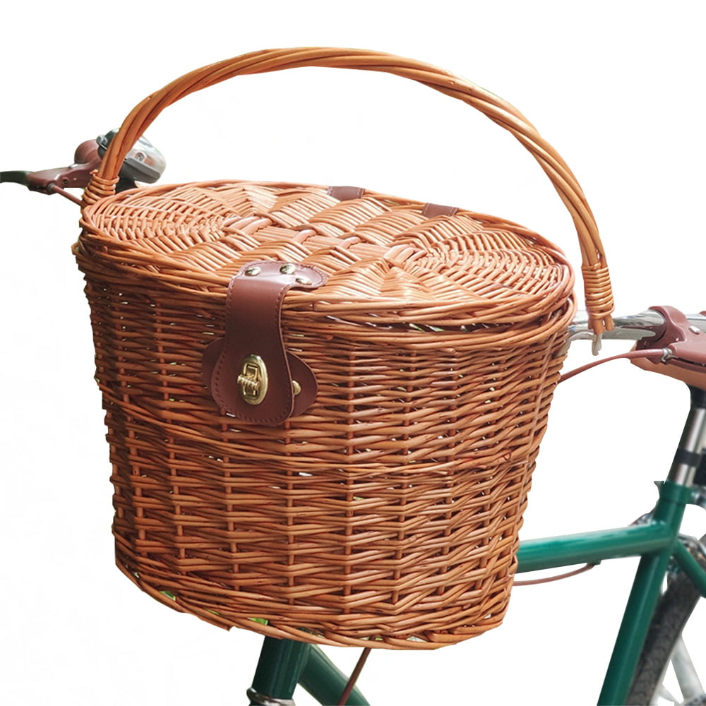Handlebar Bike Basket,URMAGIC D-Shaped Kids Bicycle Basket with Adjustable Leather Straps,6.3 inch Height Hand-Woven Rattan Front Handlebar Basket,White Front Handlebar Storage Basket for Kids/Adults