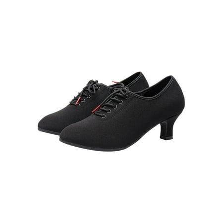 

Avamo Womens Breathable Chunky Heels Pointy Toe Jazz Shoe Prom Comfort Lace Up Dance Shoes 5cm Faux Fur Sole Black 8