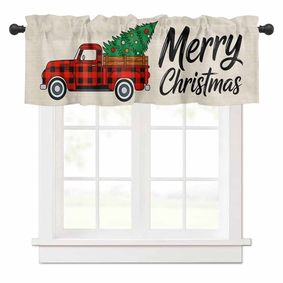 Merry Christmas Valances for Windows Winter Red Plaid Truck Xmas Tree Linen Rod Pocket Curtain Valance Window Treatment Short Curtains for Kitchen Living Room, 60"x18"
