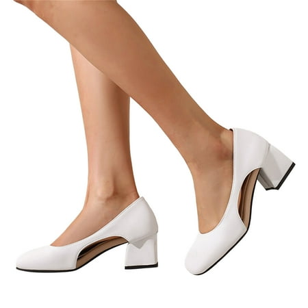 Oyedens Women s Pump Cutout Vintage Squate Toe Heels for Women Mid Block Heels Work Dress Shoes