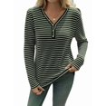 thumbnail image 3 of Women'S V-Neck Long Sleeve Striped Knit Button Shirt Autumn Casual Loose Elegant Tunic Top Army Green XL, 3 of 9