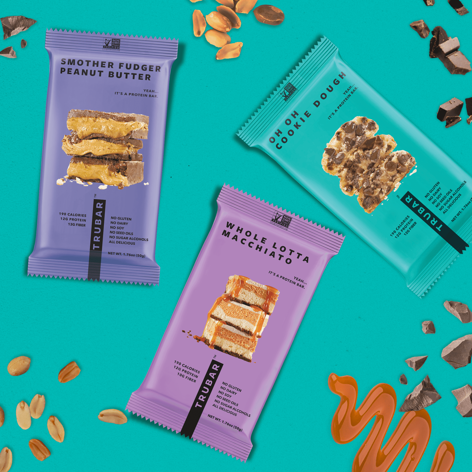 TRUBAR Variety Pack Cookie dough, peanut butter, macchiato, Plant Based Protein, Vegan, Gluten Free, Ko Plant Based Protein, Vegan, Gluten Free, Kosher, 12 pack