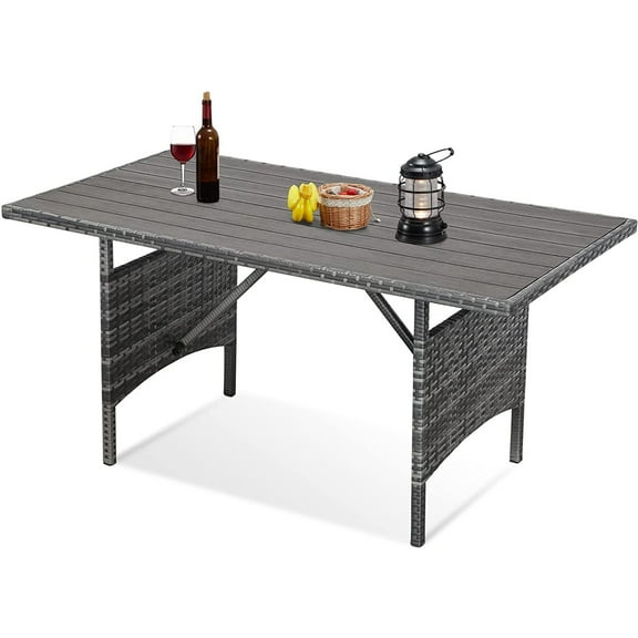AECOJOY 54" Outdoor Dining Table, Patio Wicker Metal Frame Coffee Table for Outside or Indoor, Gray Rattan