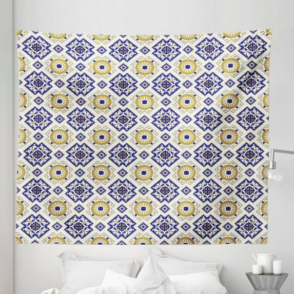 Vintage Tapestry, Classic Victorian Pattern with Geometric Shapes and Floral Swirls, Fabric Wall Hanging Decor for Bedroom Living Room Dorm, 5 Sizes, Earth Yellow and Dark Blue, by Ambesonne