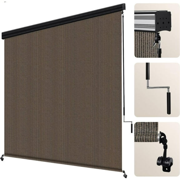 LZQP Outdoor Roller Shade 8' W x 8' H Fabric Blind Mocha Outdoor Roll Up Shade with Aluminum Valance, Wand Operation Exterior Roller Shades Cloth for Patio Porch Gazebo