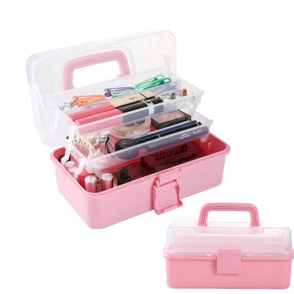 12in 3-Layer Plastic Craft Organizers and Storage, Portable Folding Tackle Box with Handle & Adjustable Dividers, Multipurpose Case for Sewing, Art Supplies, Medicine, Tools (Pink)