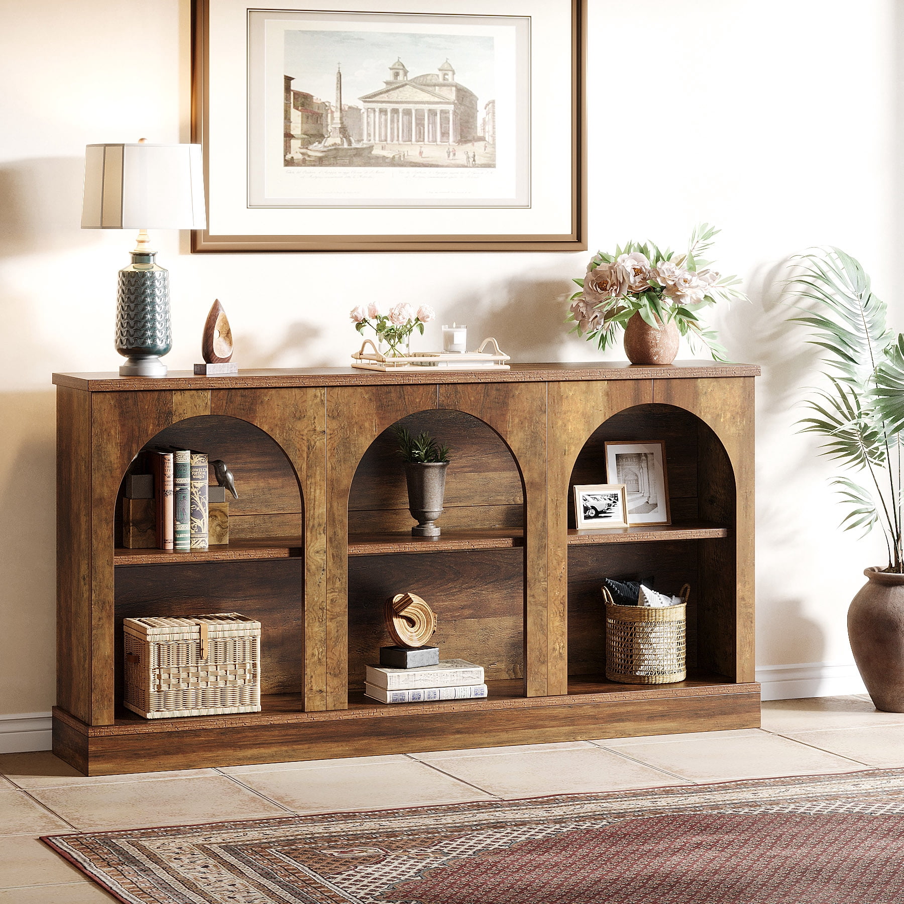 Tribesigns Farmhouse Console Table, 63-inch 3 Tier Entryway Table with Storage, Wooden Sofa Console Behind the Couch for Hallway, Rustic Brown