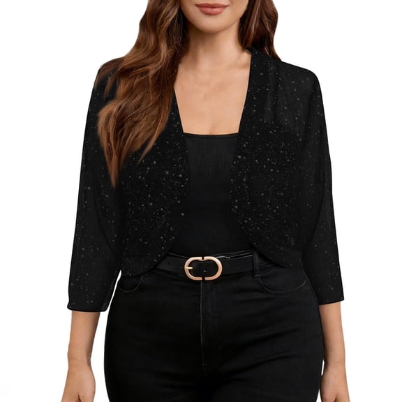 LEKODE Women Glitter Sparkle Cropped Bolero Shrug, 3/4 Sleeve Open Front Ultra Short Casual Party Dress Cover Up Outer Top A Black L