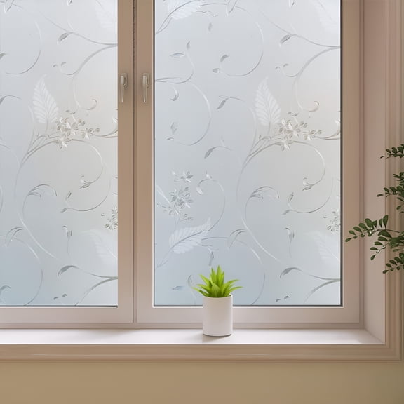 ICERUN 17.7"x78.7" Flower Window Privacy Film,Floral Glass Window Film,Frosted Window Sticker,3D Window Decals Non Adhesive for Bathroom Living Room Office