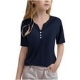 thumbnail image 2 of HAOTAGS Girls Short Sleeve V-neck Button Tee Tops（3-14 Years） Casual Solid Color Summer T-shirts Navy Size 13 Years, 2 of 5