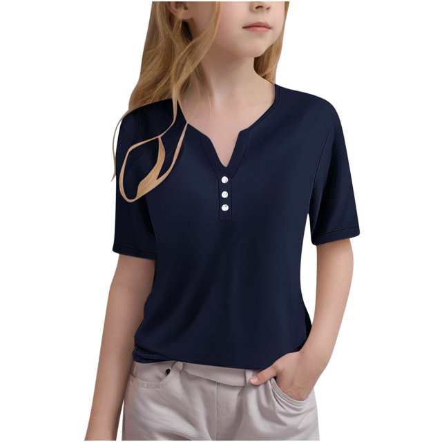 Girls Tops Trendy V Neck Button Down Short Sleeve Tshirts Summer Casual Basic Tee Loose Fit 3-14 Years