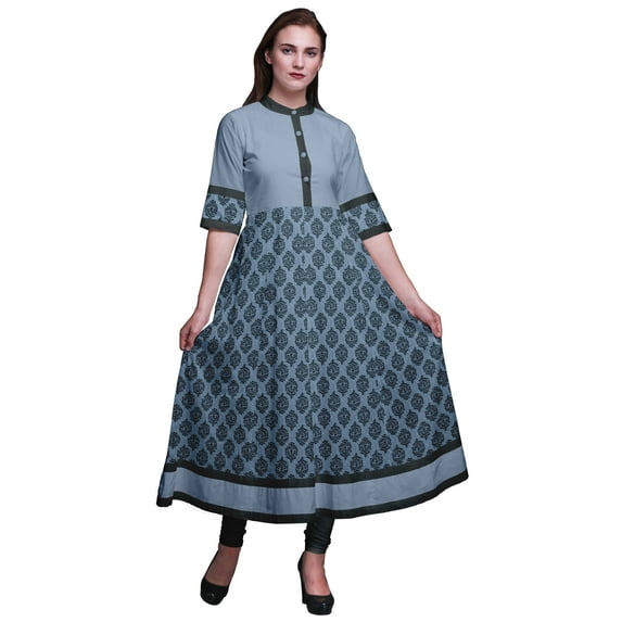 Bimba Blue Dot & Floral Block Printed Anarkali For Women A Line Indian Kurti Classic Tunic Ethnic Kurti-Small