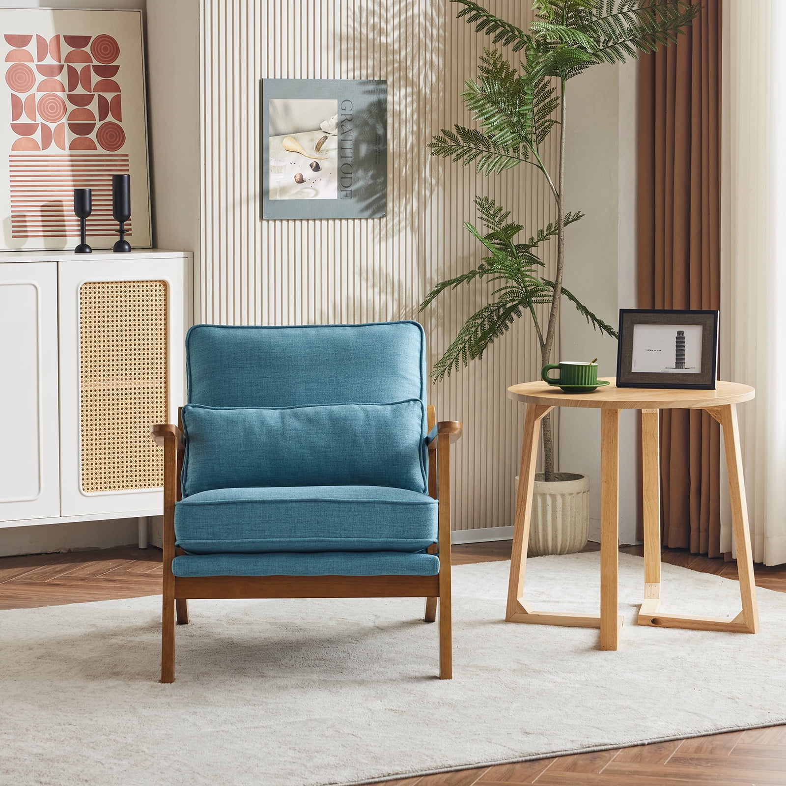 Ktaxon Accent Chair Line Fabric Upholstered Armchair, Reading Club Chair with Pillow for Living Room Bedroom Furniture Blue