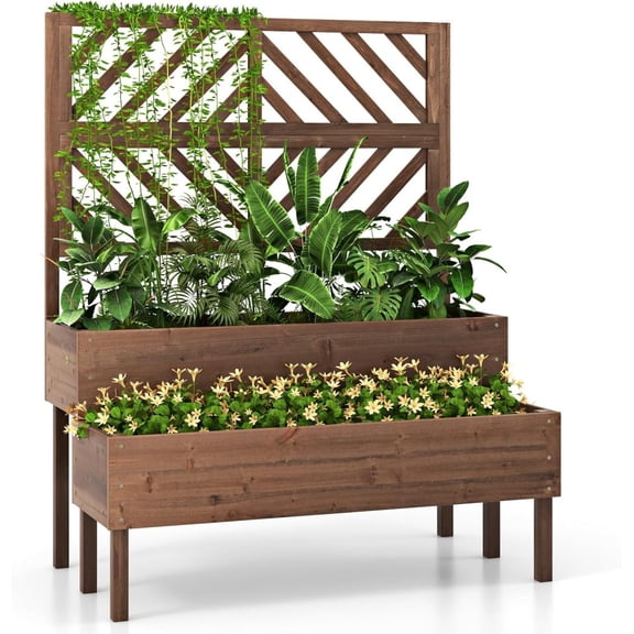 Raised Garden Bed with Trellis & 2 Planter Boxes, 2-Tier Outdoor Wooden Elevated Planter Box with Legs & Drainage Holes, Gardening Planters for Flowers, Herbs, Vegetables & Fruits(Brown)