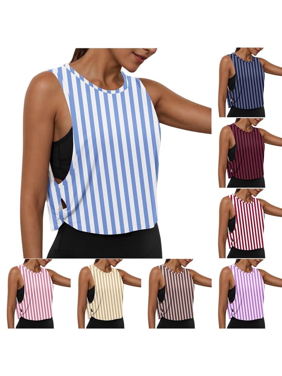 Wide Strap Tanks Top for Women Open Side Crop Striped Print Loose Blouse Summer Athletic Running Camisole Purple XL