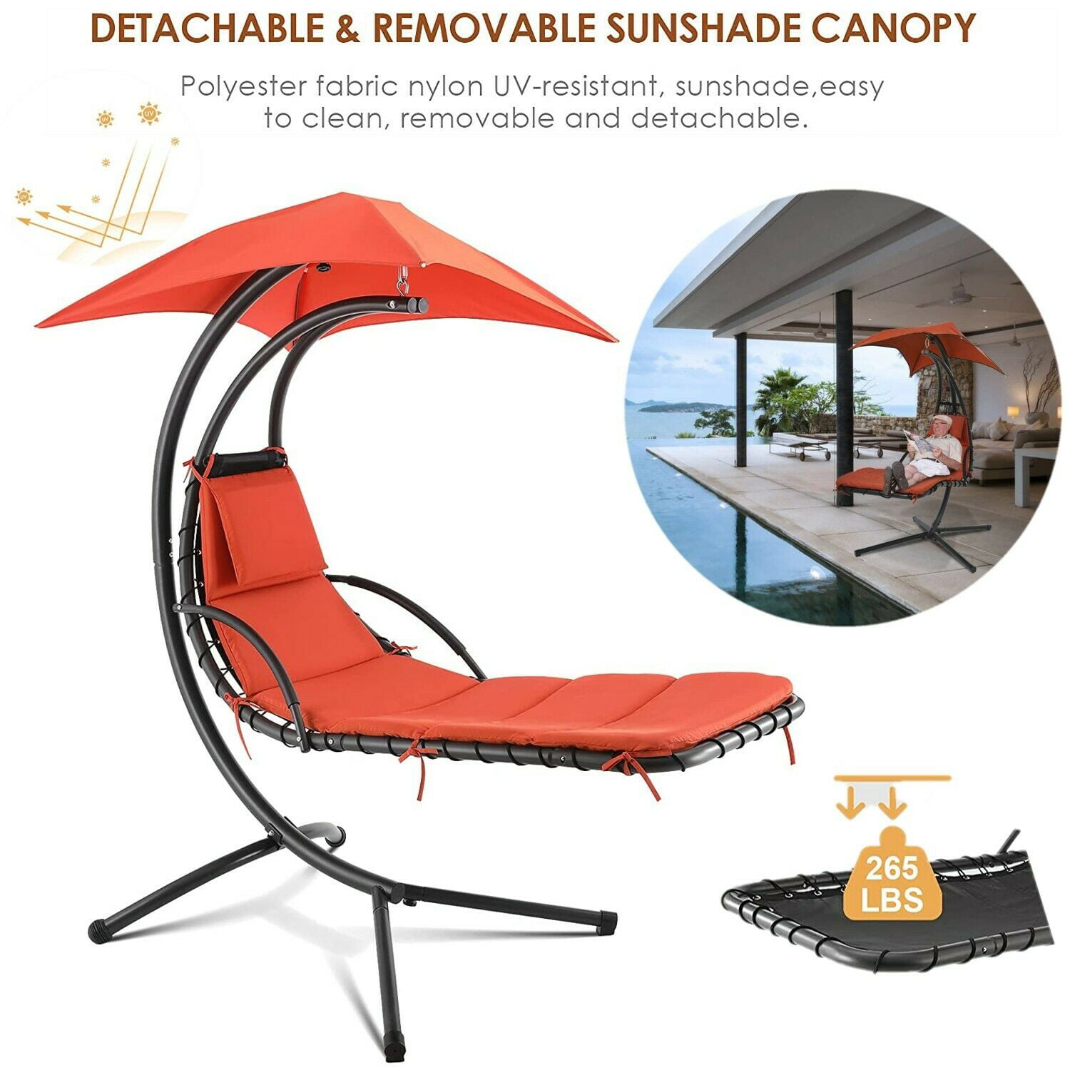Orange Outdoor Rocking Chaise Lounge Chair Cushion w/Canopy Shade Blue White 