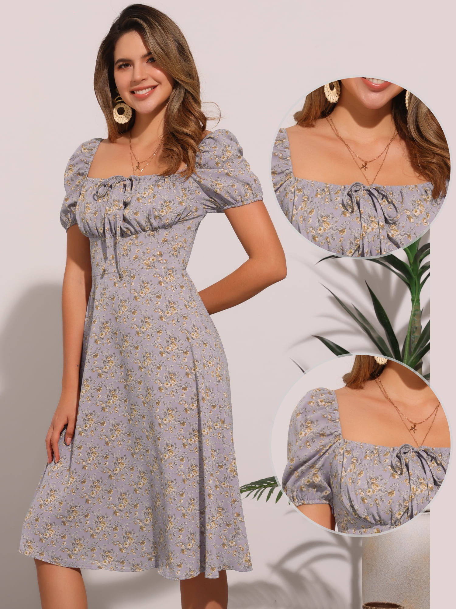 DARING DIVA Floral Puff Sleeve Smocked Square Neck Midi Dress L Dusty Purple