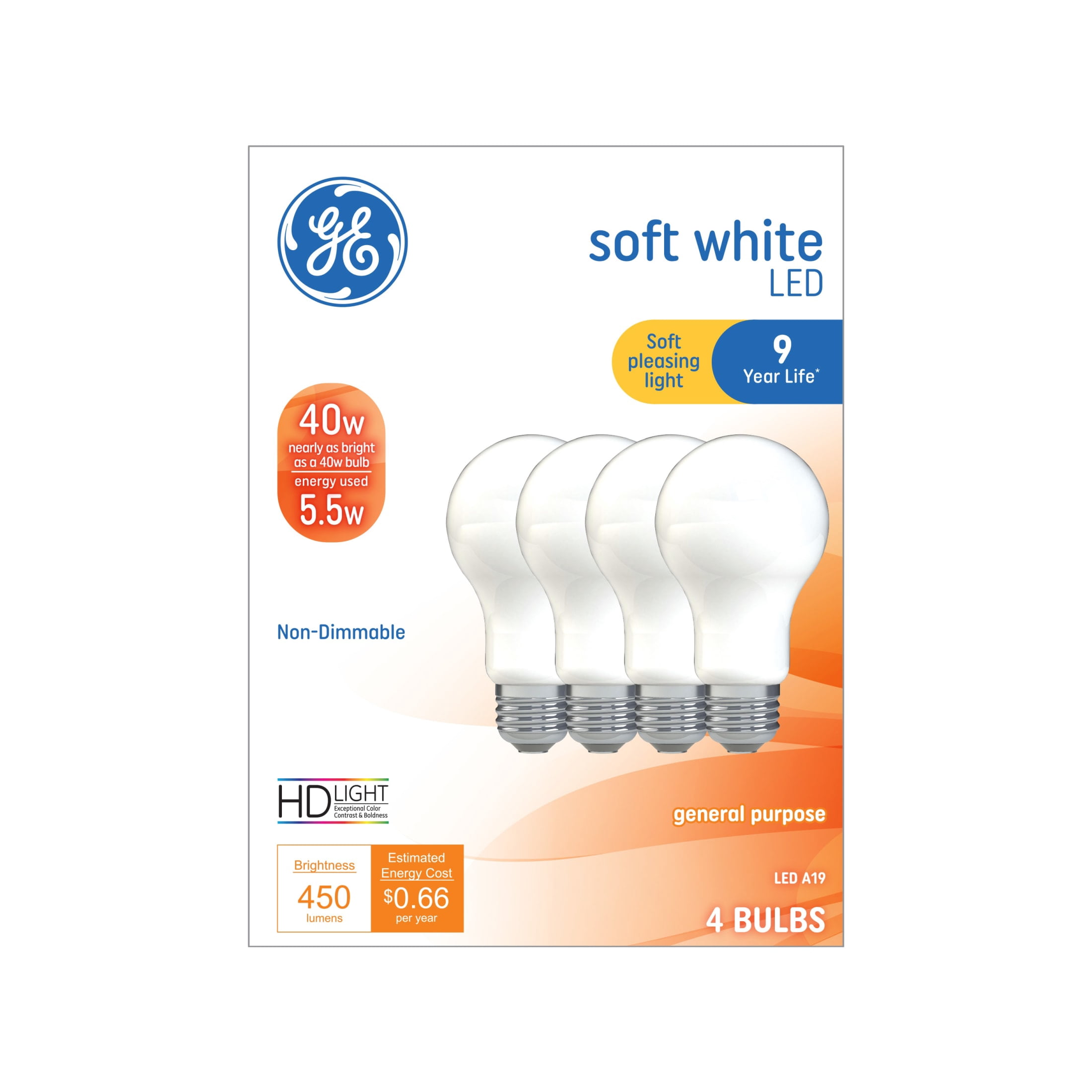 GE LED Light Bulbs, 40 Watts, Soft White, A19 Bulbs, Medium Base, 9yr, 4pk